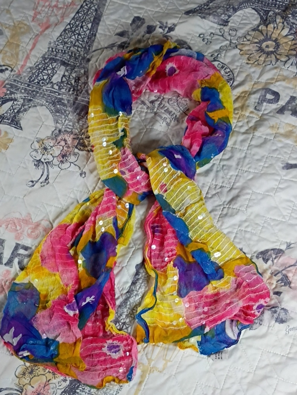 Colorful Floral Crinkle Scarf - Pink, Yellow & Blue